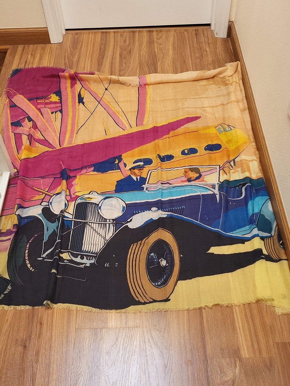 Vintage-Inspired Multicolor Travel Print Scarf - Yellow, Blue, Pink.100% Cashmer